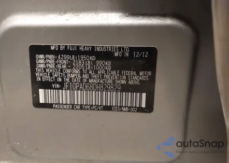 2013 Subaru Impreza 2.0I Premium z USA, uszkodzony, nr VIN JF1GPAD68DH829829